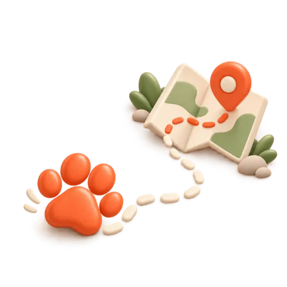 A clay paw print with a dotted trail that leads to a folded map with a location pin.