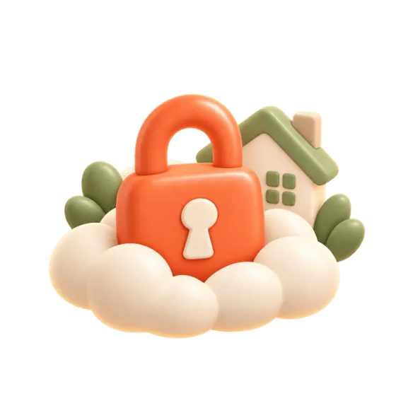A padlock resting on a soft cloud next to a small house.