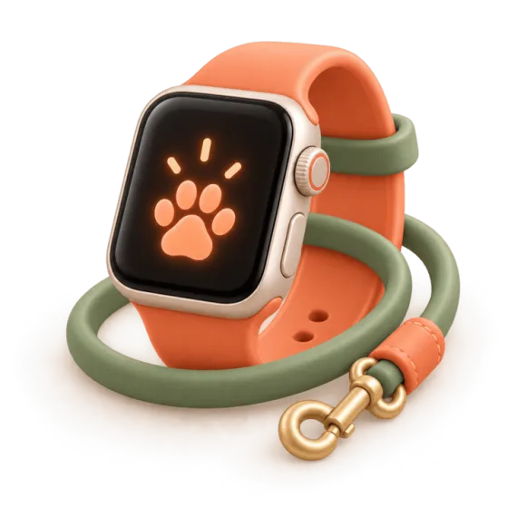 An Apple Watch with a glowing paw on the screen, wrapped in a green leash.