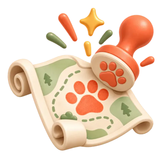 A paw print stamped on a small rolled-up map, with a sparkle burst above it.